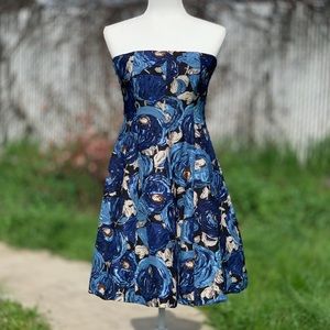 Tracy Reese Plenty Frock Blue Floral Silk/Wool Fit/Flare Strapless Dress, Size 8